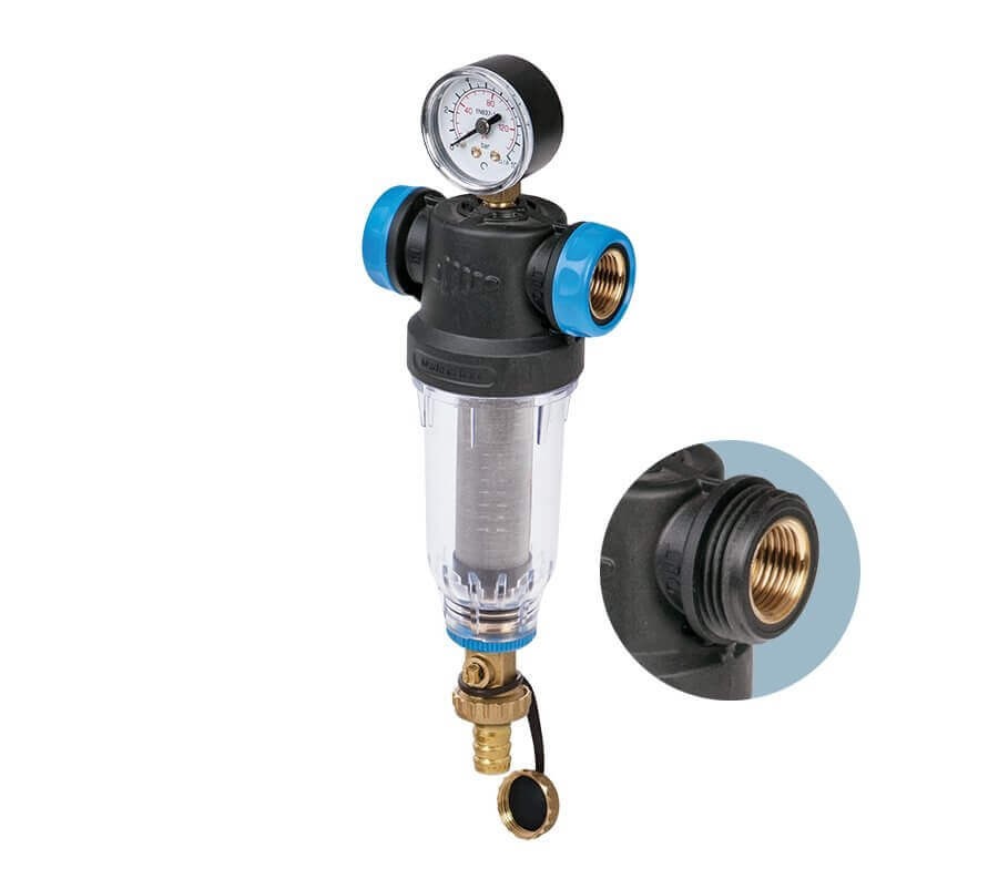 Filtru cu purjare automata MV Group IT FFNS2P1522, conexiune 3/4 inch, prevazut cu manometru, cap din material armat pentru rezistenta ridicata