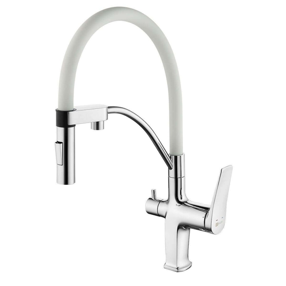 Baterie de bucatarie cu 3 cai Premier 3074C Bridge, finisaj alb crom lucios, pipa pivotanta 180 grade cu dus, cartus ceramic, alimentare separata apa filtrata si menajera