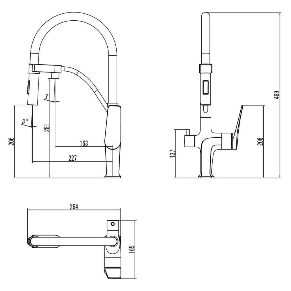 Baterie de bucatarie cu 3 cai Premier 3074C Bridge, finisaj alb crom lucios, pipa pivotanta 180 grade cu dus, cartus ceramic, alimentare separata apa filtrata si menajera