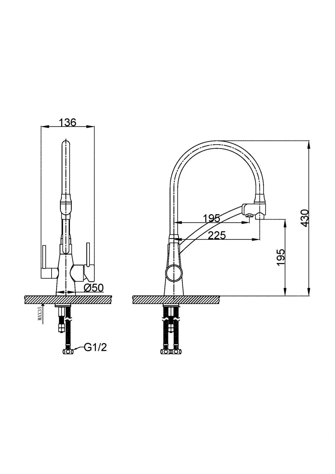 Baterie de bucatarie cu 3 cai Premier 3CC Bridge, pipa pivotanta 180 grade din inox, finisaj gri lucios, dublu comanda pentru apa calda, rece si filtrata, cartus ceramic
