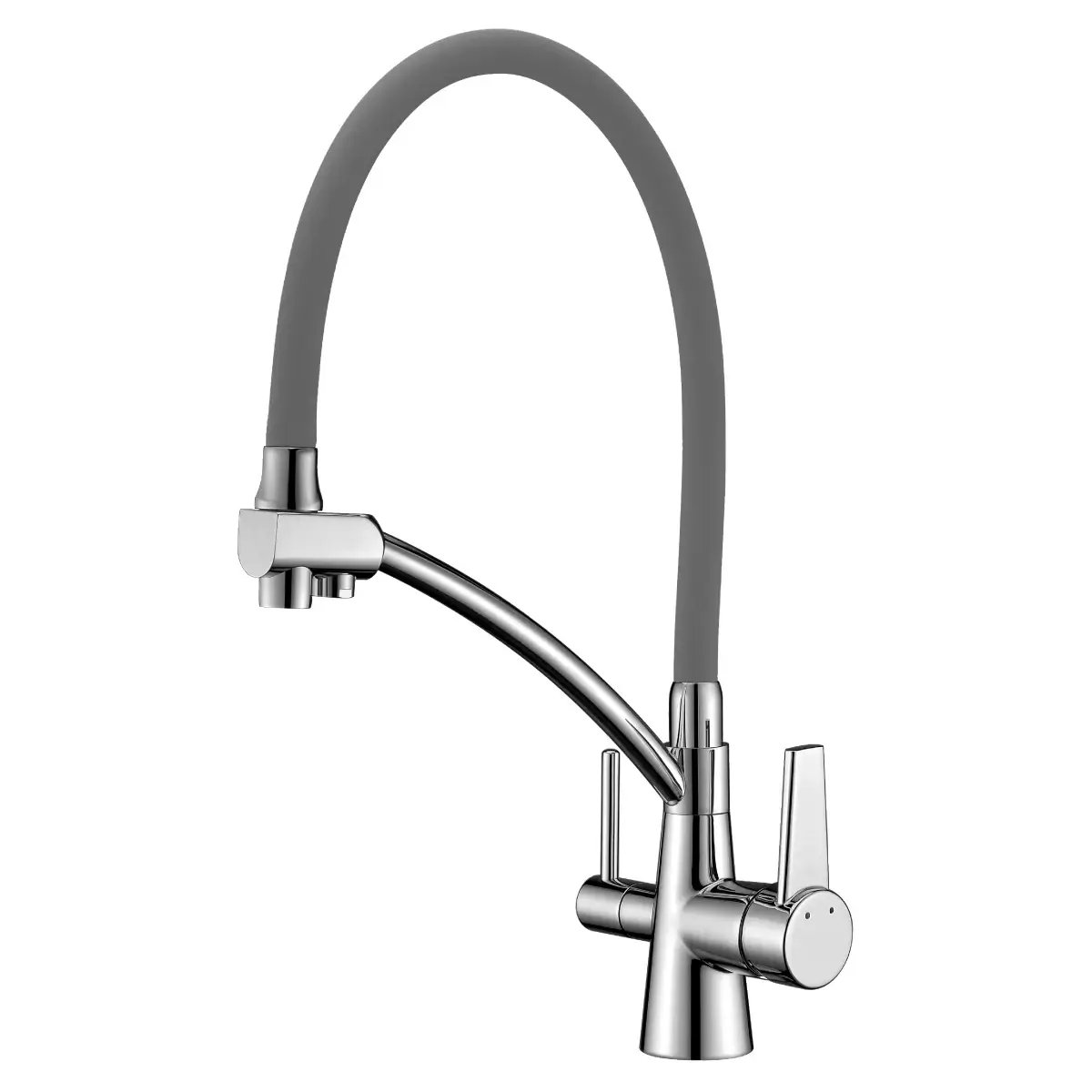 Baterie de bucatarie cu 3 cai Premier 3CC Bridge, pipa pivotanta 180 grade din inox, finisaj gri lucios, dublu comanda pentru apa calda, rece si filtrata, cartus ceramic
