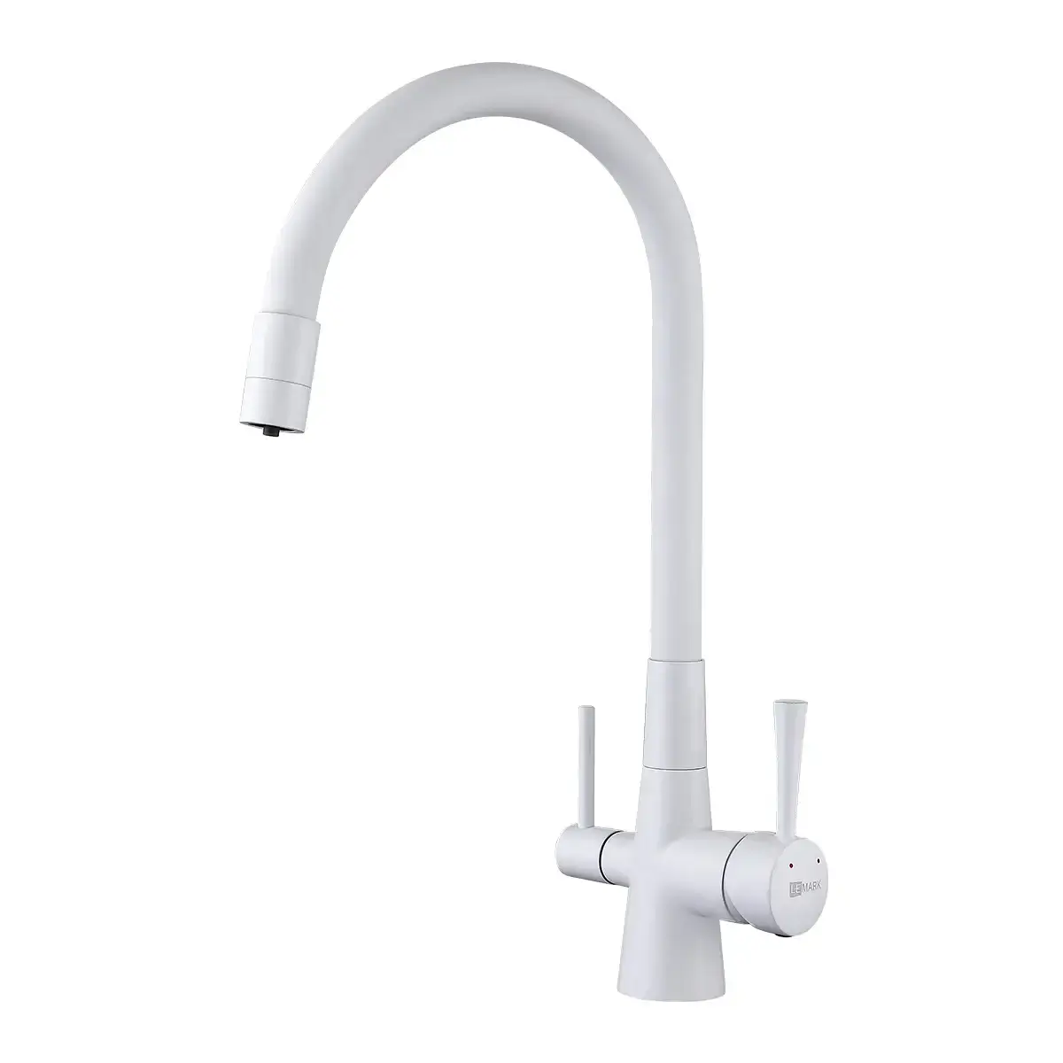 Baterie de bucatarie cu 3 cai Premier FLEX Comfort, finisaj alb din inox, pipa pivotanta 360°, cartus ceramic, montare pe blat, apa rece, calda si filtrata