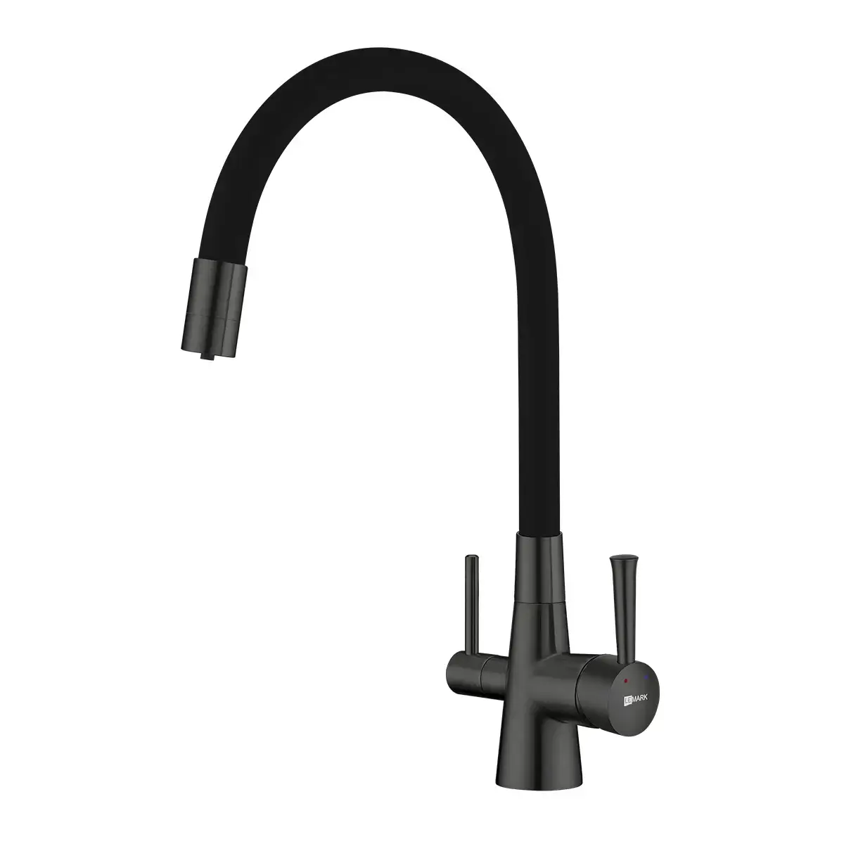 Baterie de bucatarie cu 3 cai Premier FLEX Comfort, pipa pivotanta 360° din inox, dubla comanda cu cartus ceramic, finisaj mat negru, flux separat apa filtrata si apa menajera