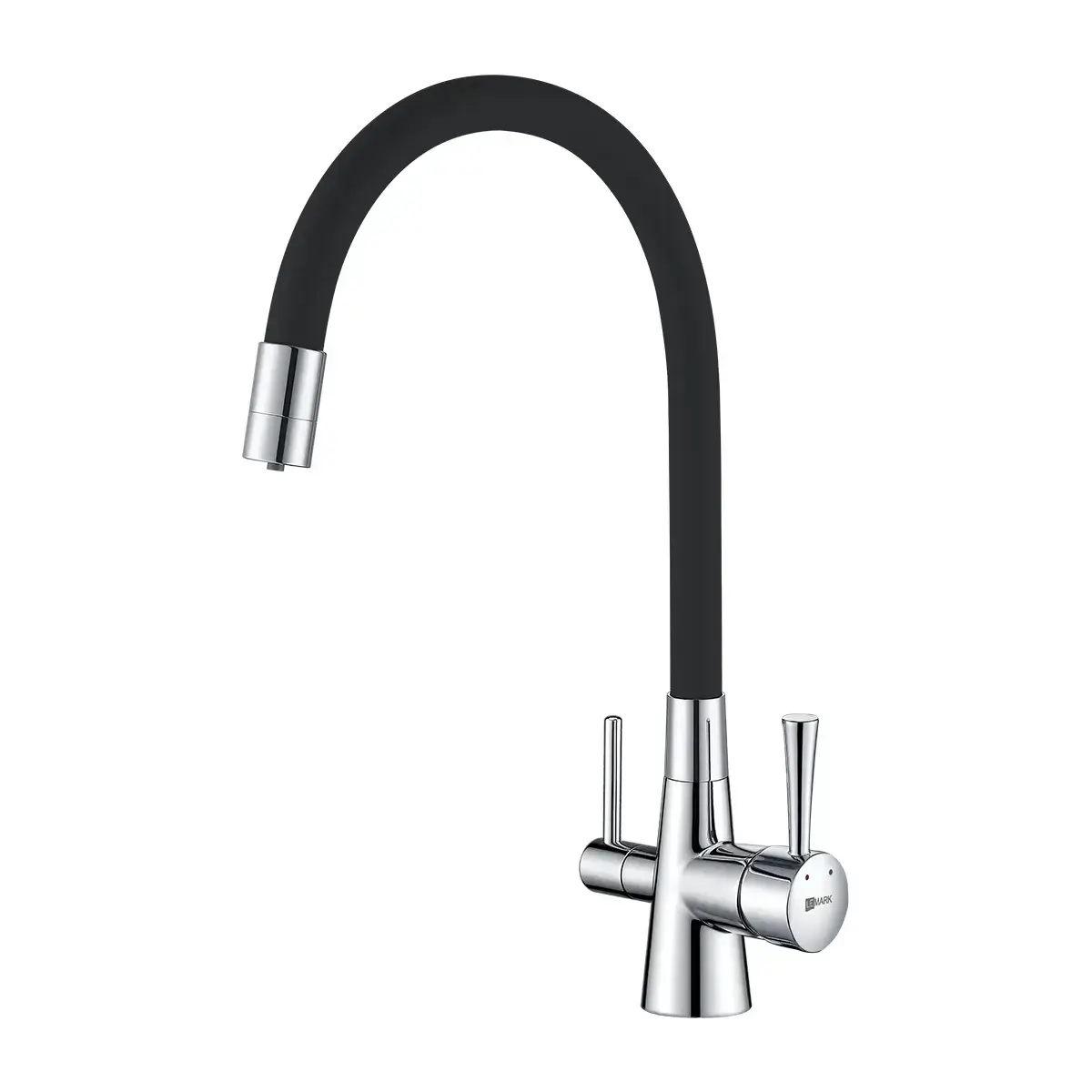 Baterie bucatarie cu 3 cai Premier FLEX Comfort, finisaj negru crom, pipa pivotanta 360°, comanda dubla apa rece/calda/filtrata, cartus ceramic, montare pe blat