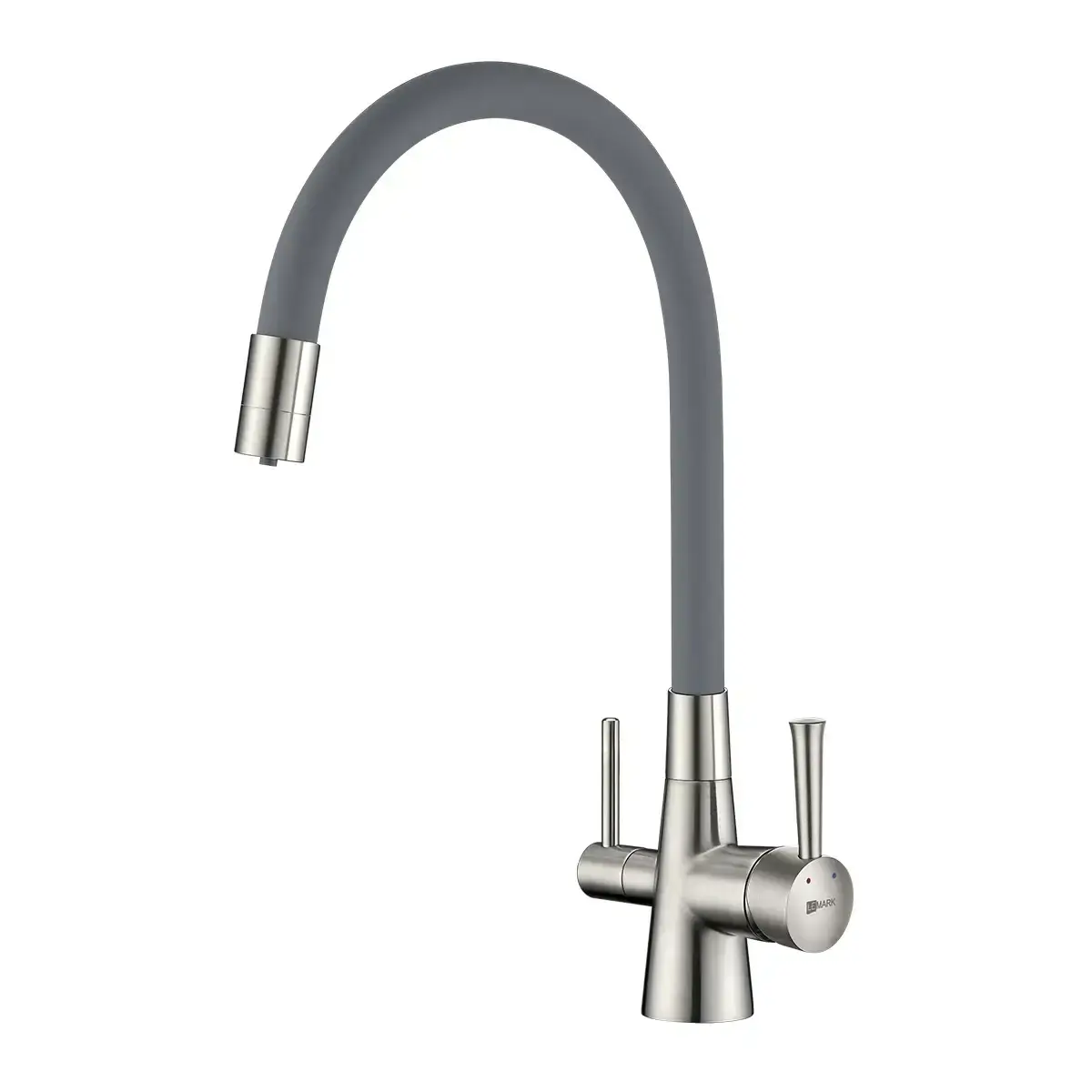 Baterie bucatarie cu 3 cai Premier FLEX Comfort, finisaj satinat gri, pipa pivotanta 360°, comanda dubla si cartus ceramic, pentru apa rece, calda si filtrata
