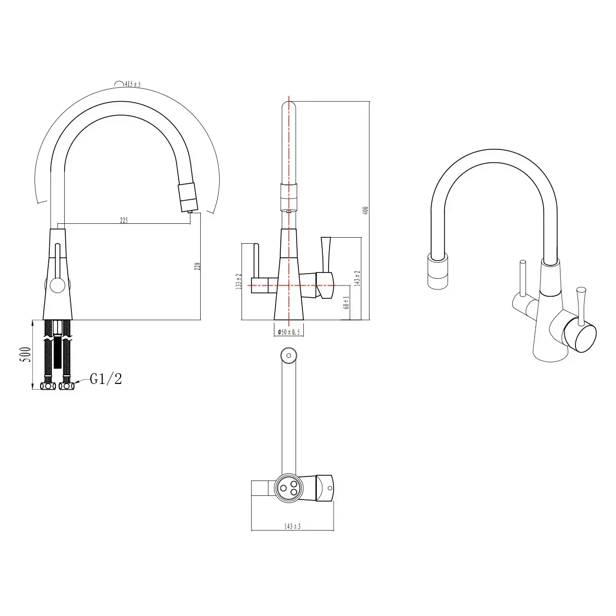 Baterie bucatarie cu 3 cai Premier FLEX Comfort, finisaj satinat gri, pipa pivotanta 360°, comanda dubla si cartus ceramic, pentru apa rece, calda si filtrata