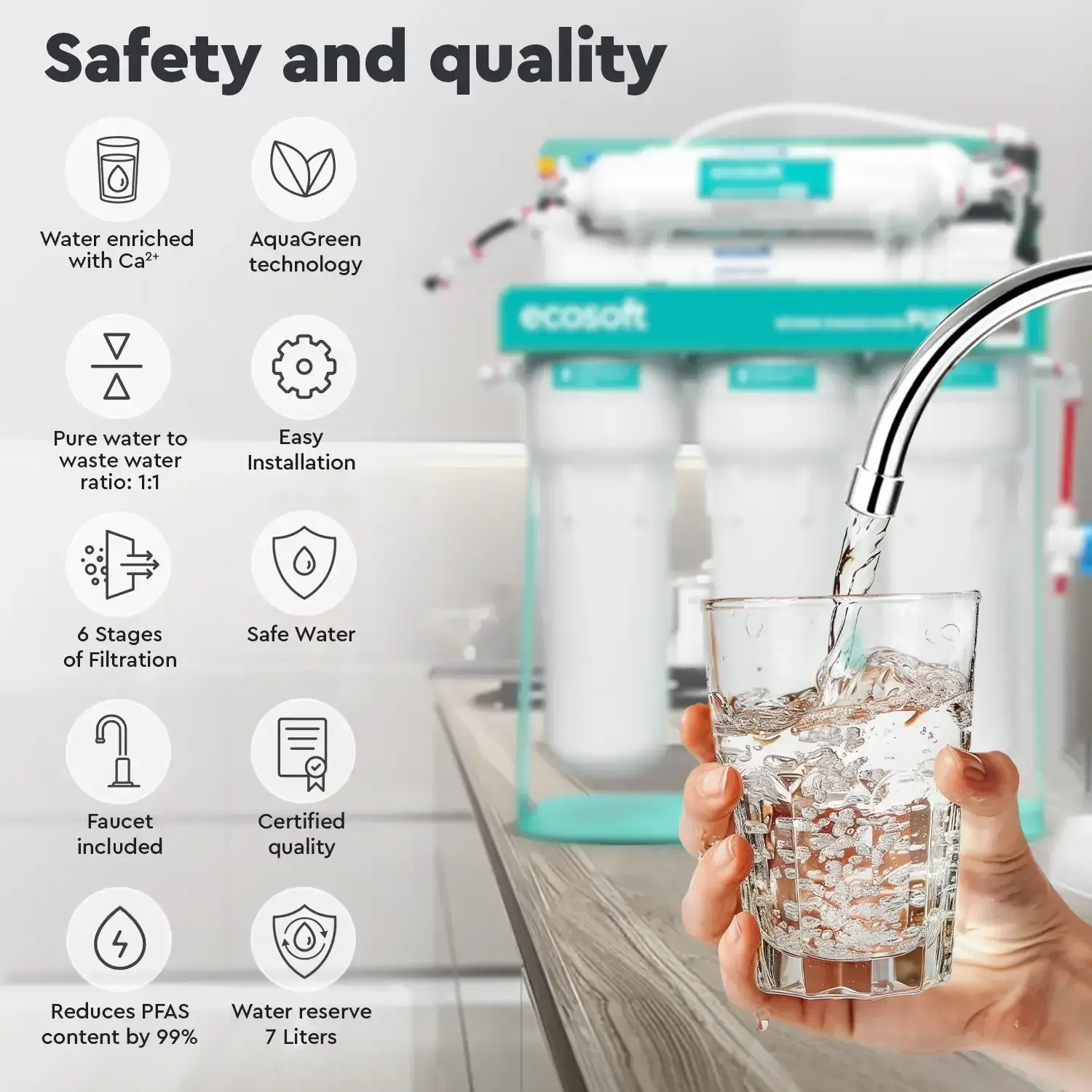 Sistem de osmoza inversa Ecosoft AquaCalcium Mint PRO, 6 stadii de filtrare, 75 GPD, pompa booster inclusa, remineralizare cu calciu si bazin de stocare