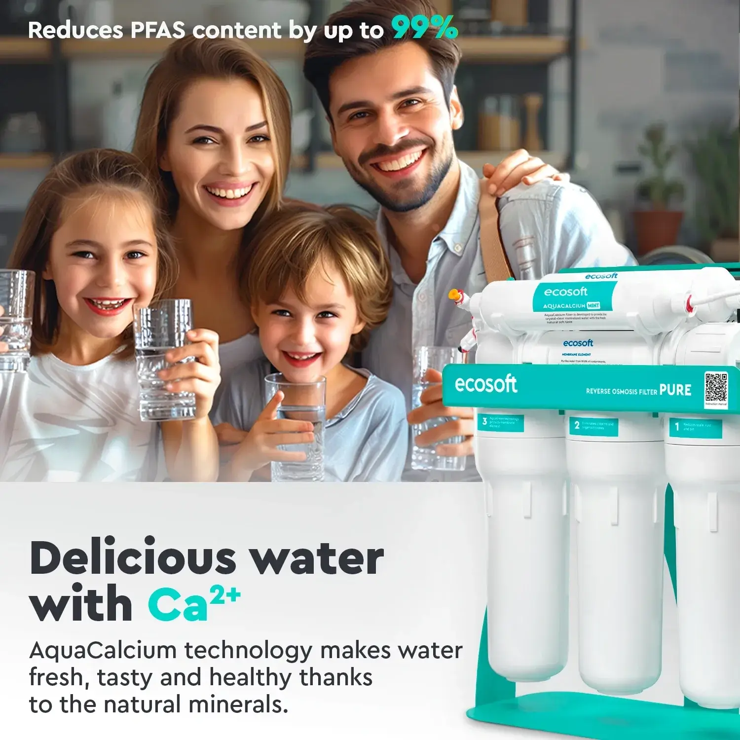 Sistem de osmoza inversa Ecosoft AquaCalcium Mint PRO, 6 stadii de filtrare, 75 GPD, pompa booster inclusa, remineralizare cu calciu si bazin de stocare
