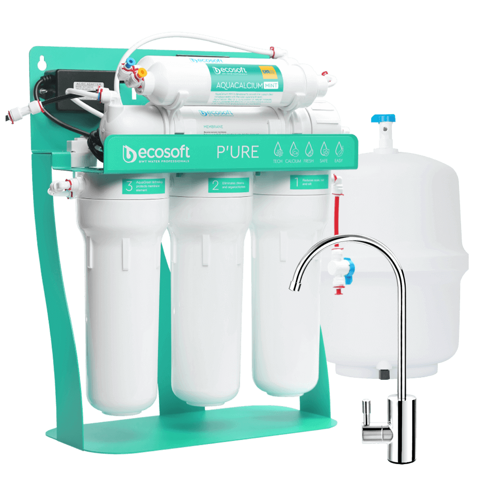 Sistem de osmoza inversa Ecosoft AquaCalcium Mint PRO, 6 stadii de filtrare, 75 GPD, pompa booster inclusa, remineralizare cu calciu si bazin de stocare