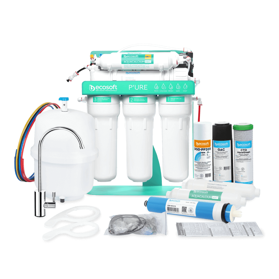 Sistem de osmoza inversa Ecosoft AquaCalcium Mint PRO, 6 stadii de filtrare, 75 GPD, pompa booster inclusa, remineralizare cu calciu si bazin de stocare