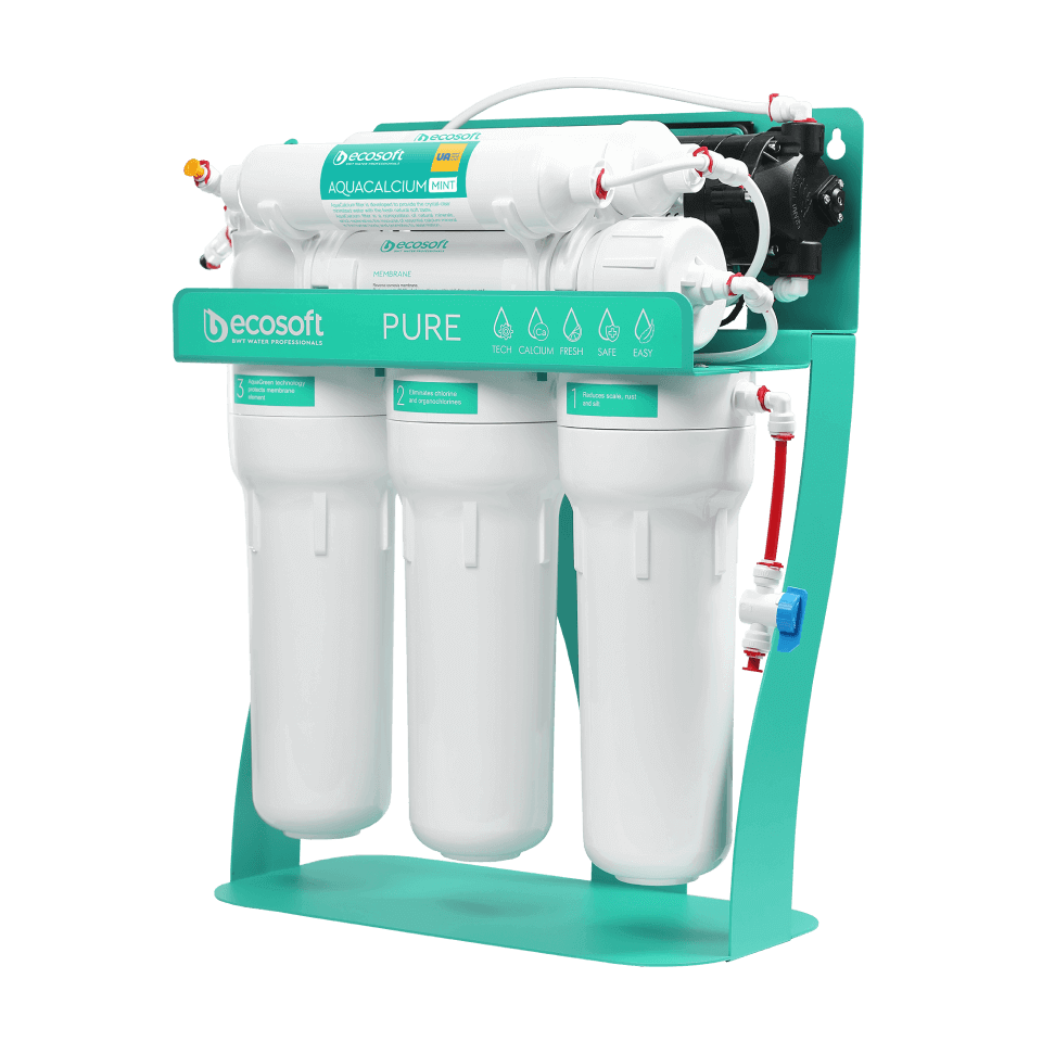 Sistem de osmoza inversa Ecosoft AquaCalcium Mint PRO, 6 stadii de filtrare, 75 GPD, pompa booster inclusa, remineralizare cu calciu si bazin de stocare