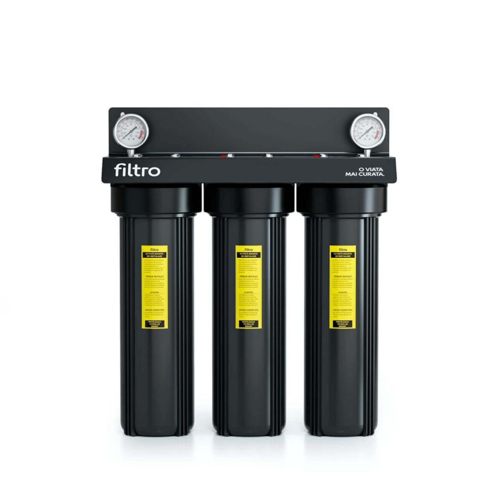 Sistem de filtrare cu 3 carcase FILTRO BIG BLACK 20 TRIO, conexiune 1 inch din alama, cadru metalic si manometre intrare-iesire, filtrare in 3 stadii, cartuse 4.5x20 inch