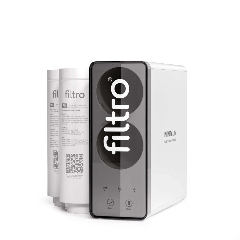 Sistem de osmoza inversa cu debit direct FILTRO INFINITY Lite DF600, capacitate membrana 600 GPD, pompa booster inclusa, 3 stadii de filtrare, fara bazin de stocare, monitorizare TDS apa filtrata