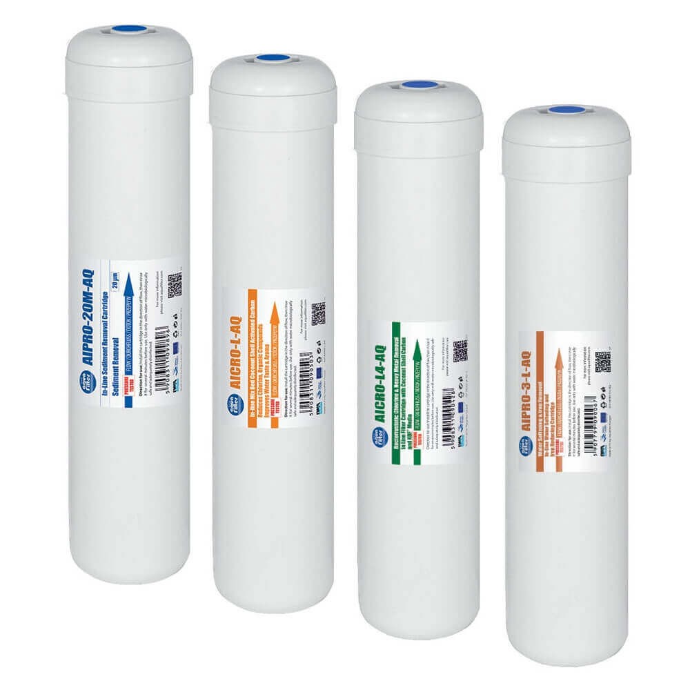 Cartuse filtrante Aquafilter FILTRO MF4 WHITE, set 4 bucati, microfiltrare 1 micron, 4 stadii: sedimente, dedurizare, carbune activat bloc si granular, remineralizare, dimensiune 10x2.5 inch
