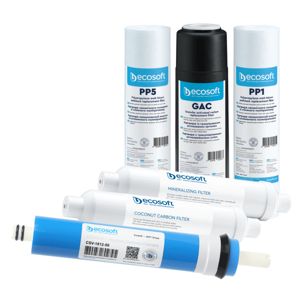 Set cartușe filtrante Ecosoft SET6 Standard, 6 stadii osmoză inversă, membrană 50 GPD, remineralizare, mufe rapide 1/4