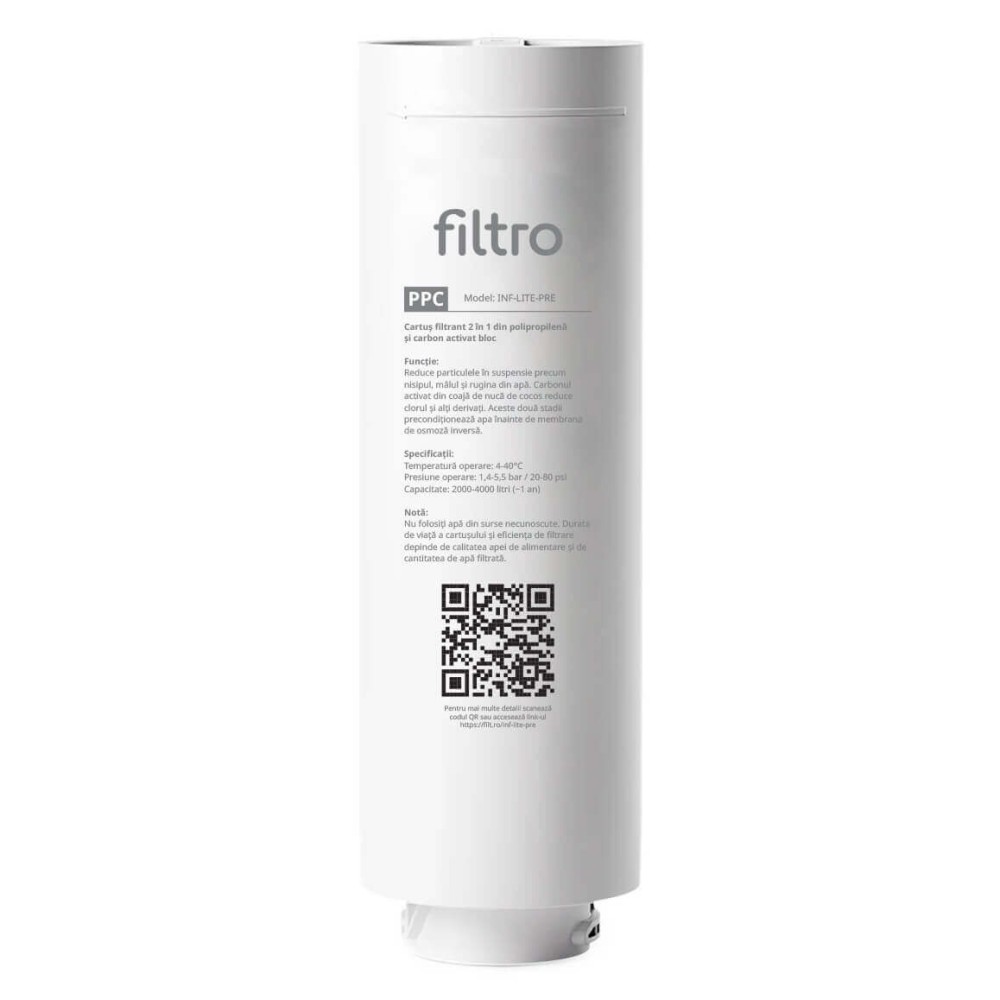 Cartus filtrare 2 in 1 FILTRO INFINITY Lite, polipropilena si carbune activat din coaja de cocos, stadiul 1, montare rapida twist