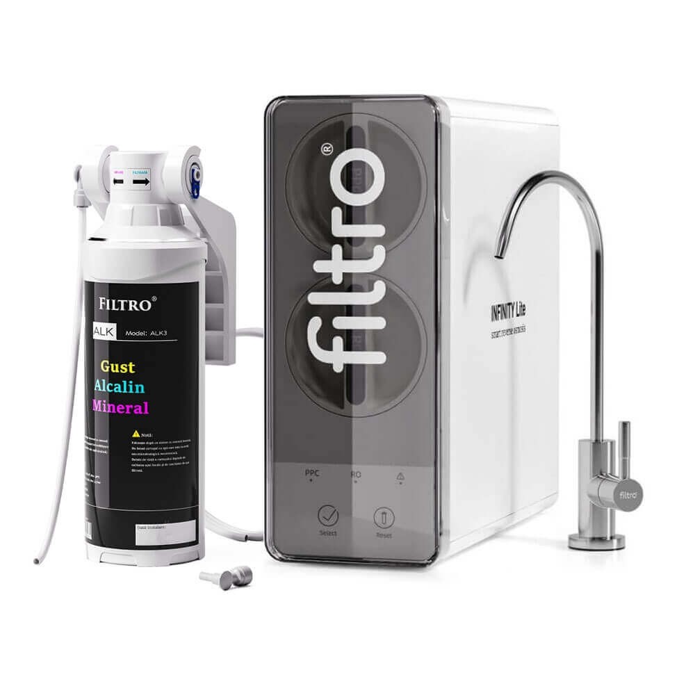 Sistem osmoza inversa direct flow FILTRO INFINITY Lite DF600-ALK3, membrana 600 GPD fara bazin, pompa booster inclusa, 4 stadii filtrare cu remineralizare ALK3 si cartuse twist