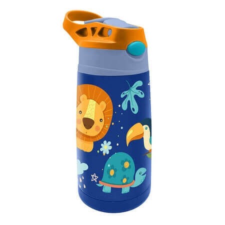 Sticlă termos inox AquaMax FILTRO KiDS Jungle, 450 ml, finisaj mat albastru, sistem antipicurare, fără BPA