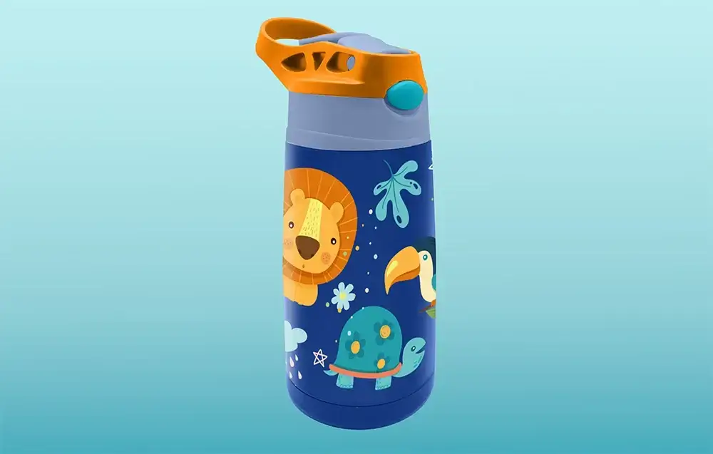 Sticlă termos inox AquaMax FILTRO KiDS Jungle, 450 ml, finisaj mat albastru, sistem antipicurare, fără BPA