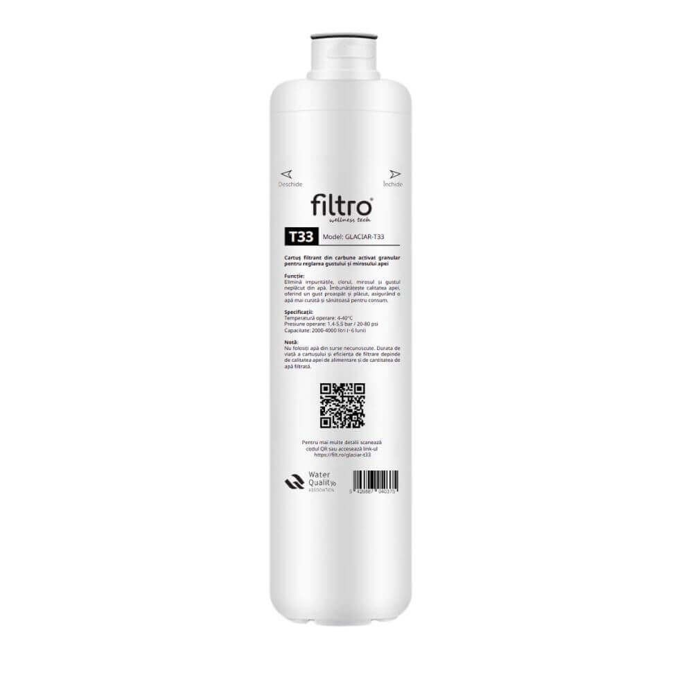 Filtru cu carbon activat granular FILTRO Glaciar T33, imbunatateste gustul si mirosul apei, montare rapida prin sistem twist