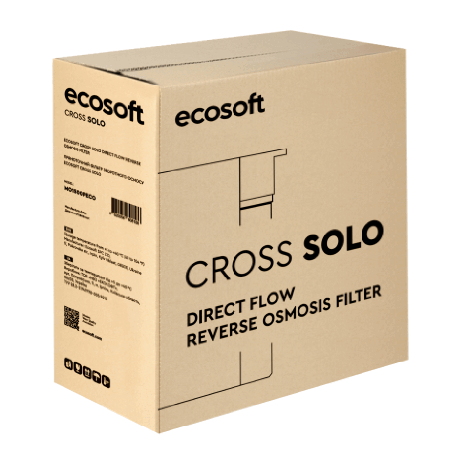 Sistem de osmoză inversă cu debit direct Ecosoft CROSS Solo, membrană 500 GPD, pompă booster inclusă, fără bazin, debit 1.3 litri/min, ultracompact