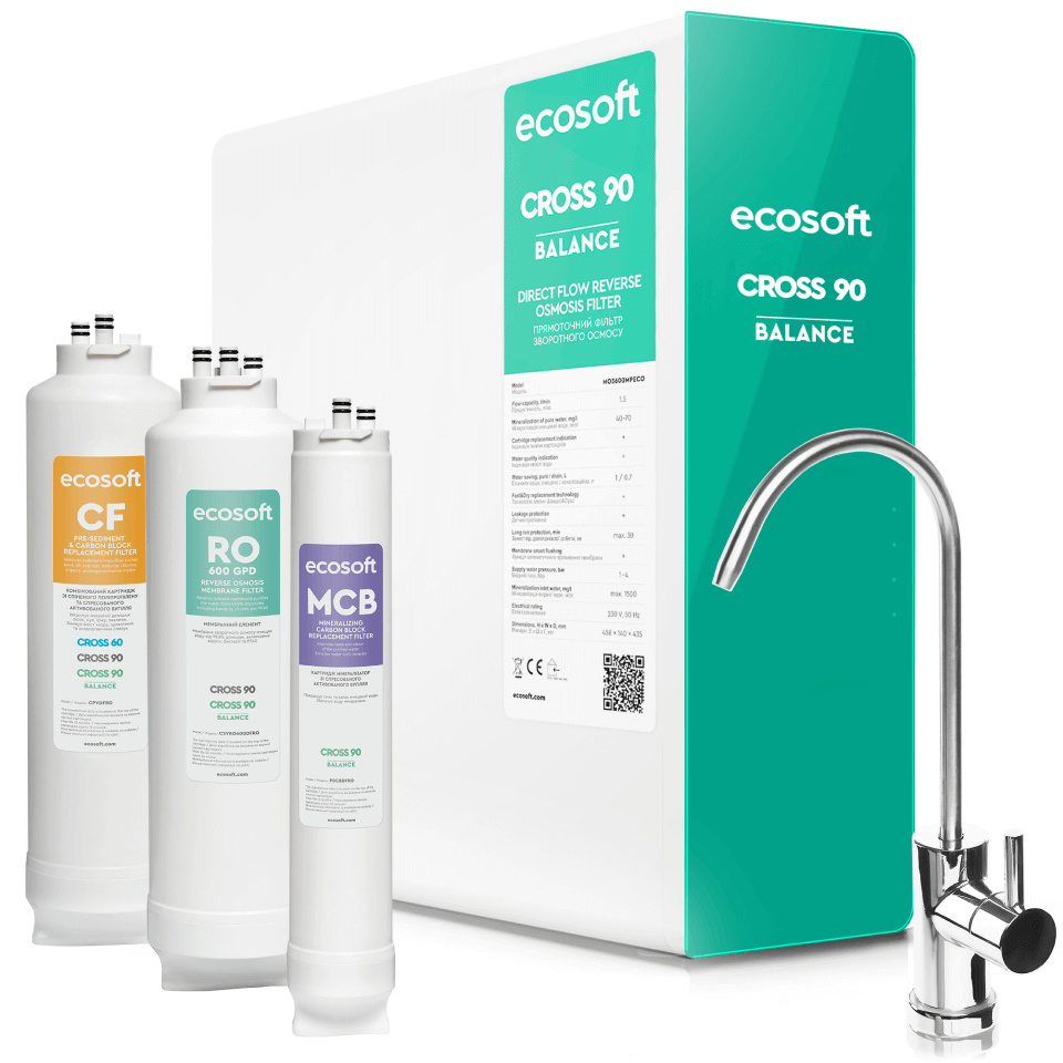 Sistem de osmoza inversa cu debit direct Ecosoft Cross90 Balance, membrana 600 GPD, 4 stadii de filtrare, pompa booster inclusa, remineralizare cu calciu, cartuse twist si indicator schimb consumabile
