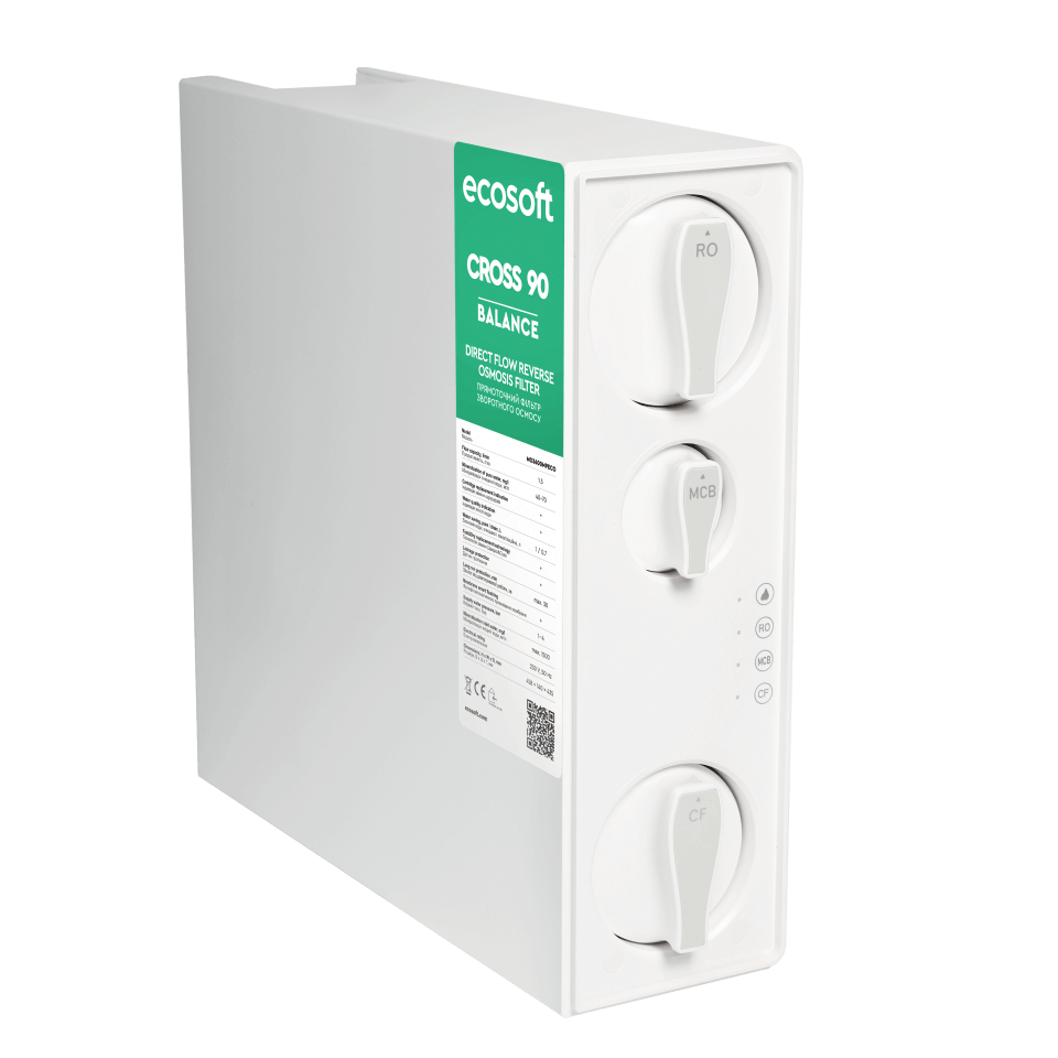 Sistem de osmoza inversa cu debit direct Ecosoft Cross90 Balance, membrana 600 GPD, 4 stadii de filtrare, pompa booster inclusa, remineralizare cu calciu, cartuse twist si indicator schimb consumabile