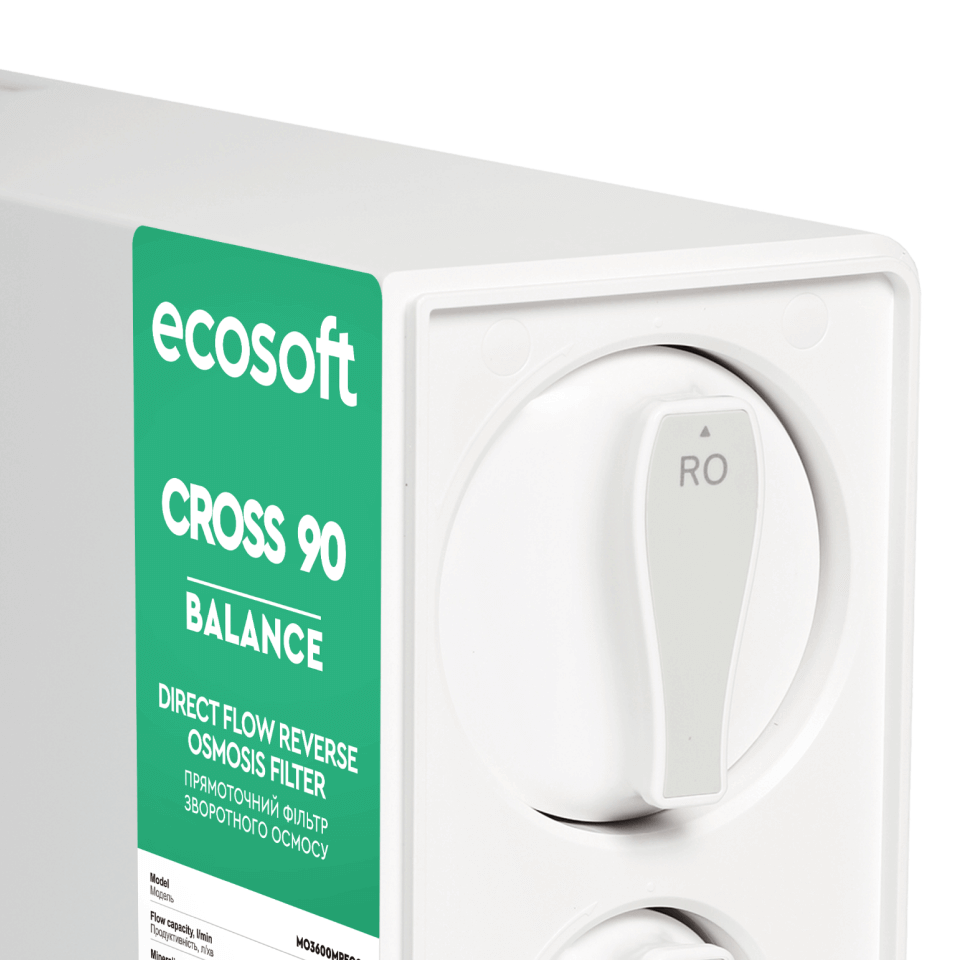 Sistem de osmoza inversa cu debit direct Ecosoft Cross90 Balance, membrana 600 GPD, 4 stadii de filtrare, pompa booster inclusa, remineralizare cu calciu, cartuse twist si indicator schimb consumabile