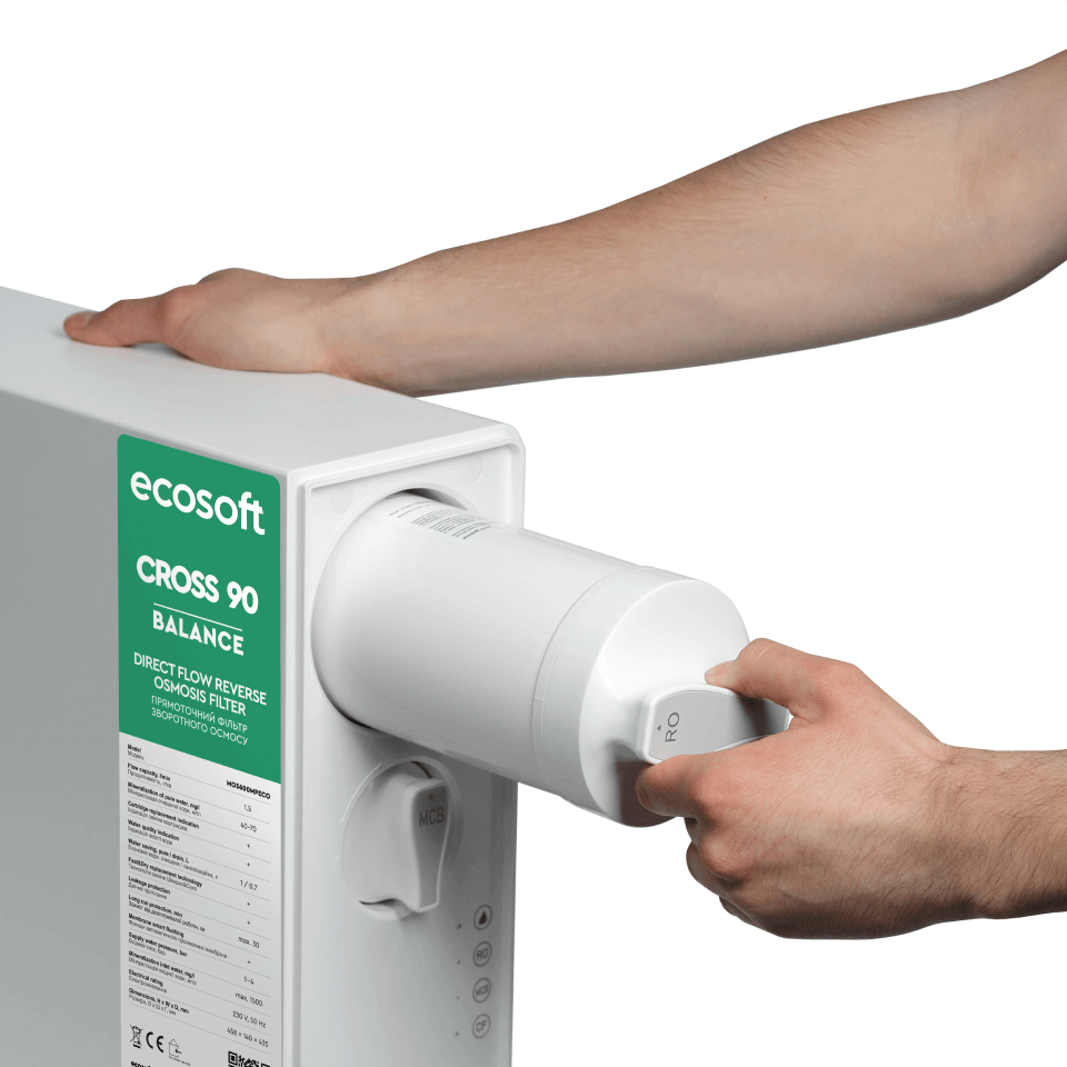 Sistem de osmoza inversa cu debit direct Ecosoft Cross90 Balance, membrana 600 GPD, 4 stadii de filtrare, pompa booster inclusa, remineralizare cu calciu, cartuse twist si indicator schimb consumabile