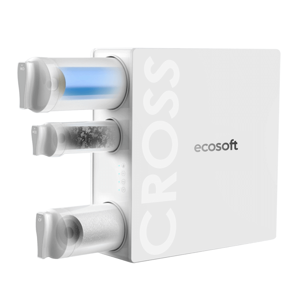 Sistem de osmoza inversa cu debit direct Ecosoft Cross90 Balance, membrana 600 GPD, 4 stadii de filtrare, pompa booster inclusa, remineralizare cu calciu, cartuse twist si indicator schimb consumabile