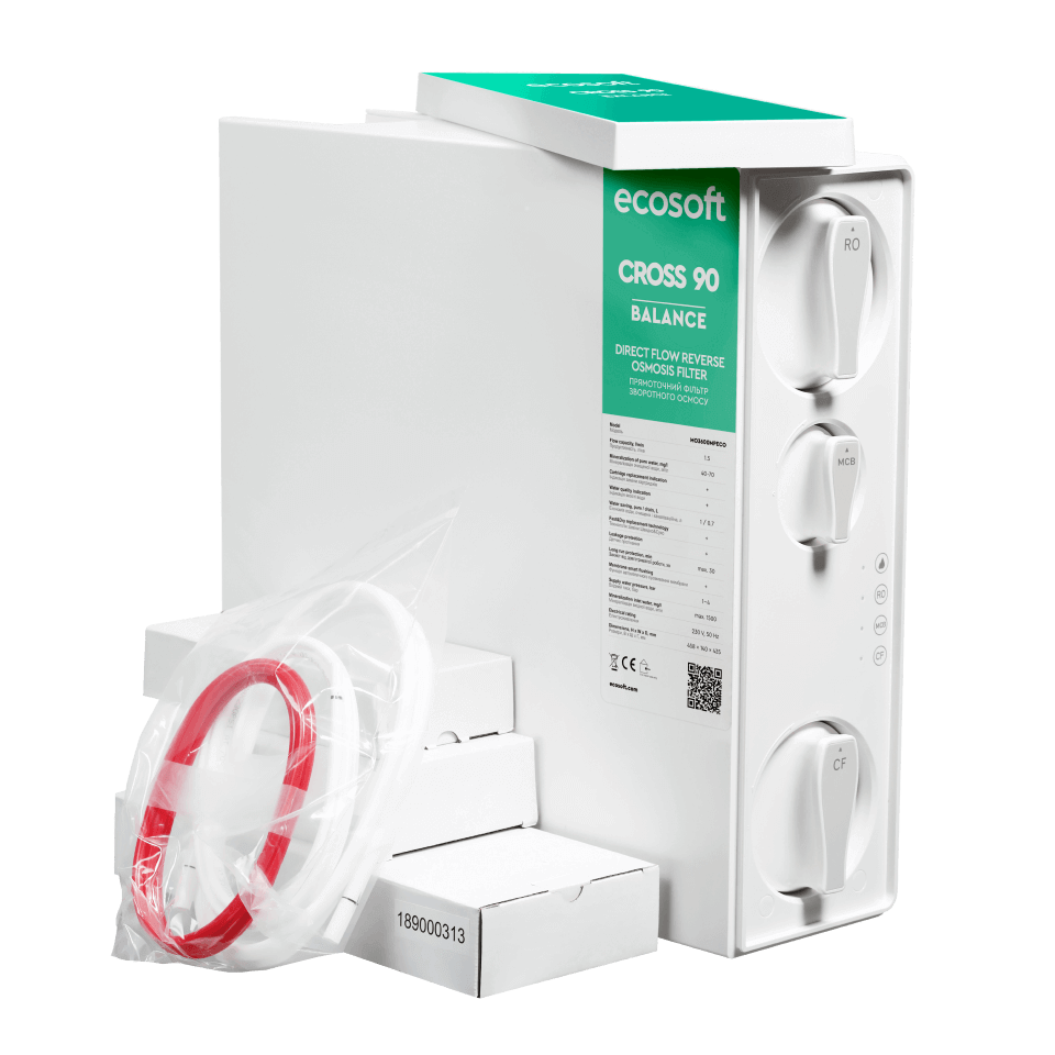Sistem de osmoza inversa cu debit direct Ecosoft Cross90 Balance, membrana 600 GPD, 4 stadii de filtrare, pompa booster inclusa, remineralizare cu calciu, cartuse twist si indicator schimb consumabile