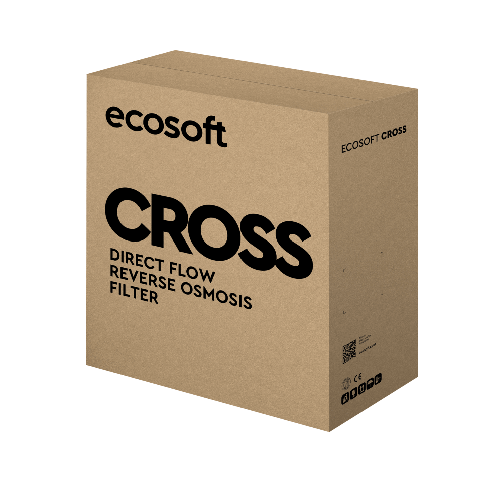 Sistem de osmoza inversa cu debit direct Ecosoft Cross90 Balance, membrana 600 GPD, 4 stadii de filtrare, pompa booster inclusa, remineralizare cu calciu, cartuse twist si indicator schimb consumabile