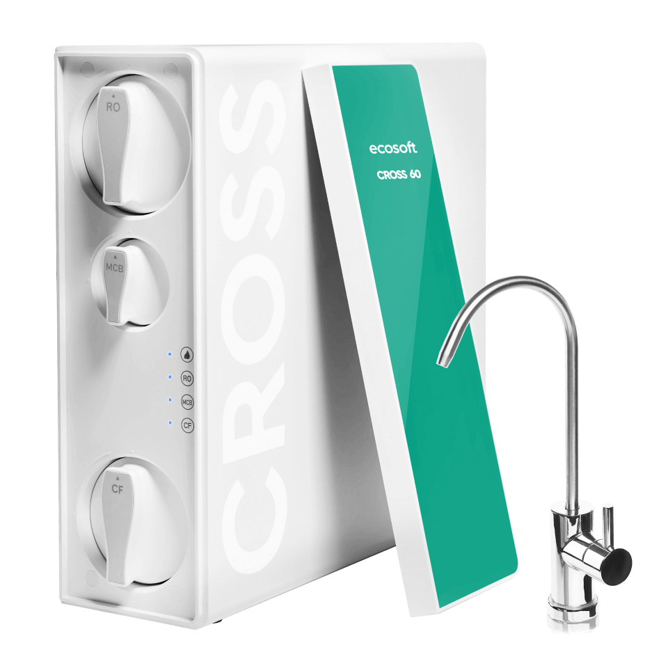Sistem de osmoza inversa cu debit direct Ecosoft Cross90 Balance, membrana 600 GPD, 4 stadii de filtrare, pompa booster inclusa, remineralizare cu calciu, cartuse twist si indicator schimb consumabile