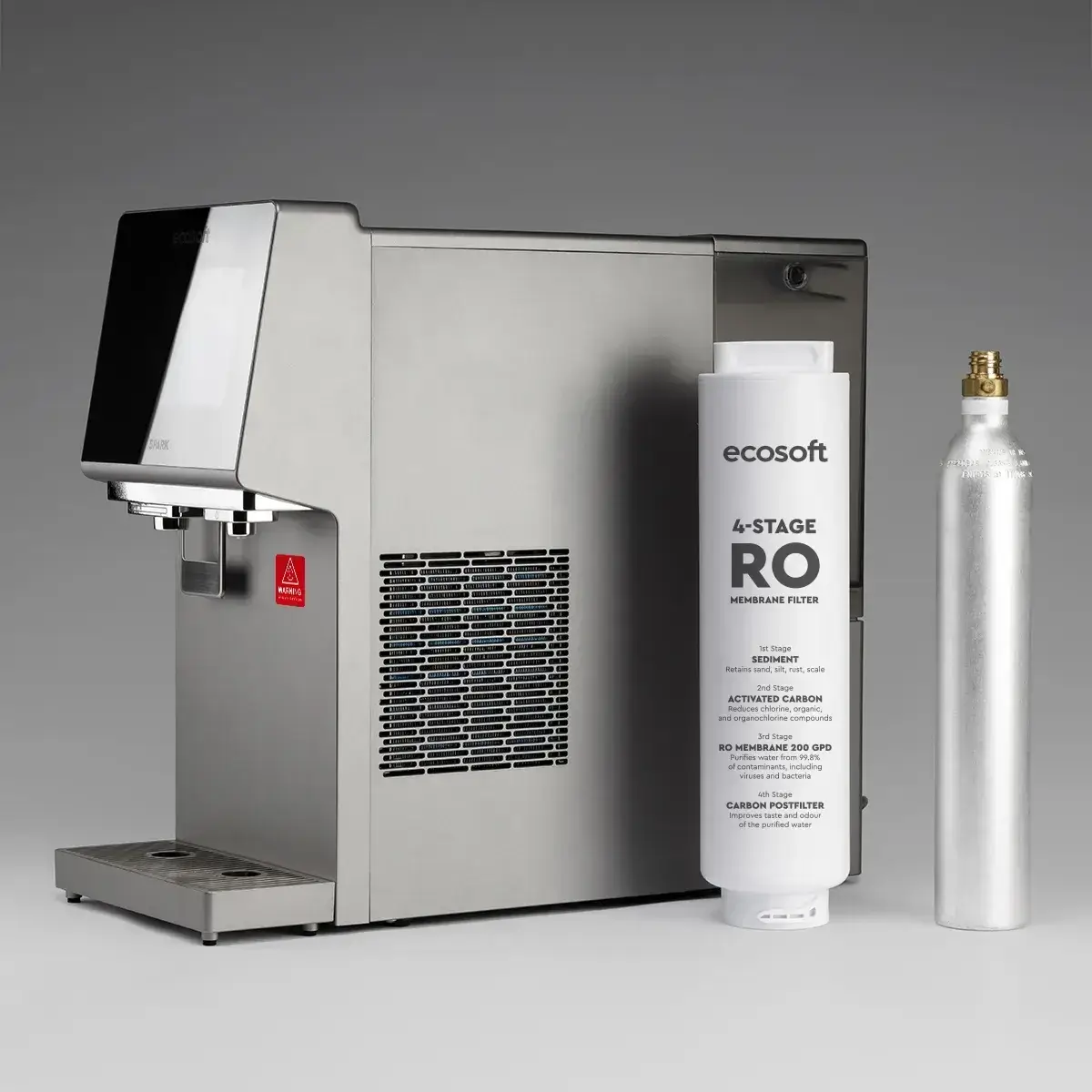 Dozator de apă cu osmoză inversă Ecosoft Spark, 4 stadii de filtrare, sterilizare UVC-LED, carbonatare, apă rece/caldă/carbo/ambient, display cu TDS, WiFi, montare pe blat