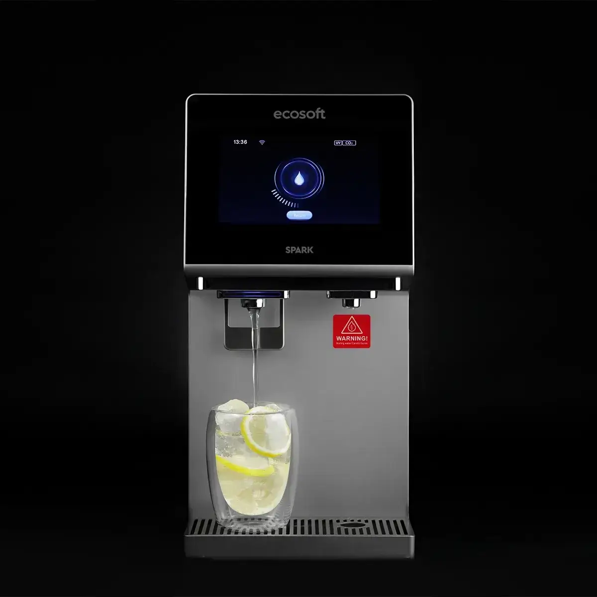 Dozator de apă cu osmoză inversă Ecosoft Spark, 4 stadii de filtrare, sterilizare UVC-LED, carbonatare, apă rece/caldă/carbo/ambient, display cu TDS, WiFi, montare pe blat