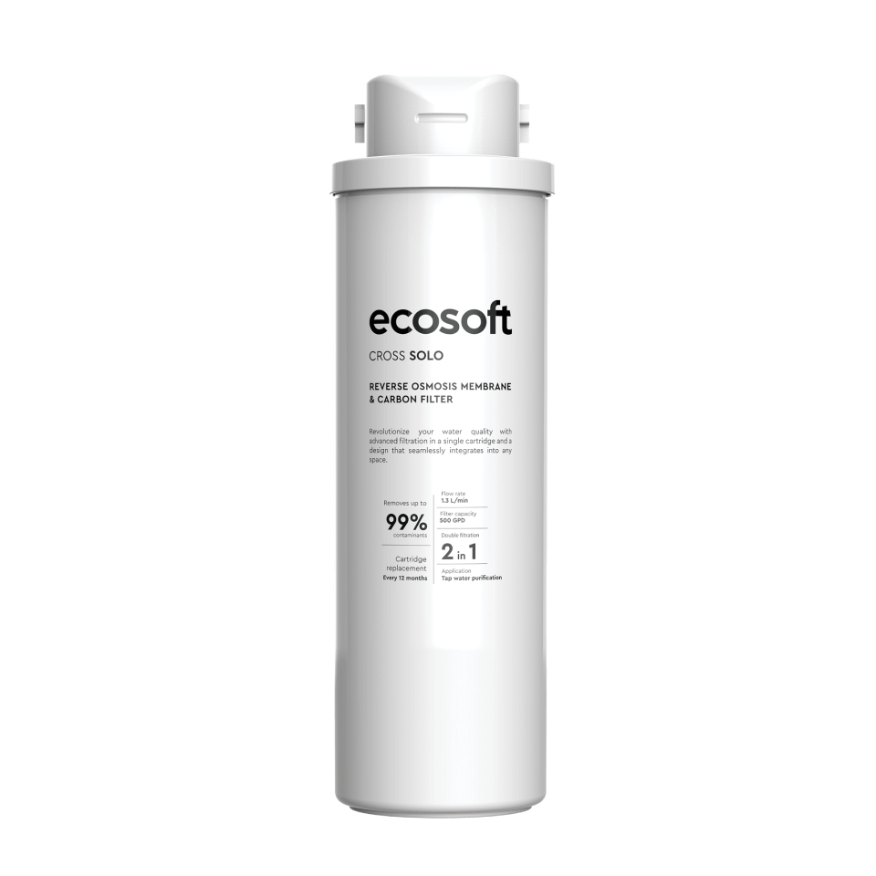 Cartus filtrant 2 in 1 Ecosoft Cross Solo, membrana osmoza inversa 500 GPD si post-carbon activ, tehnologie twist, interval de inlocuire pana la 12 luni