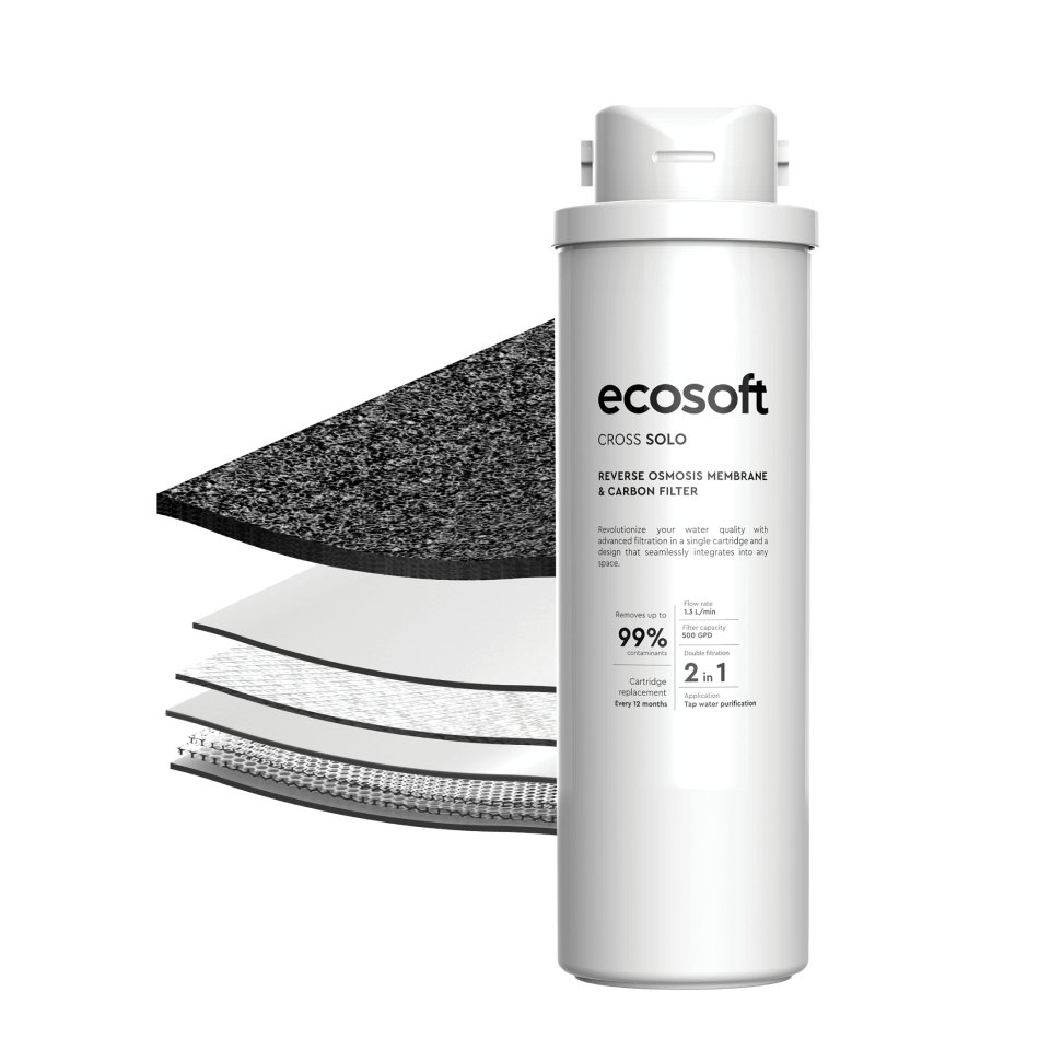 Cartus filtrant 2 in 1 Ecosoft Cross Solo, membrana osmoza inversa 500 GPD si post-carbon activ, tehnologie twist, interval de inlocuire pana la 12 luni