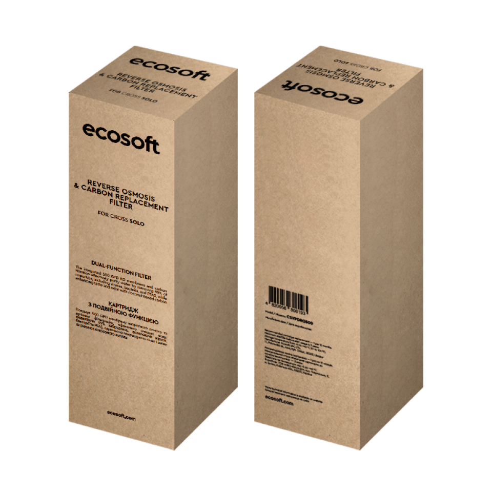 Cartus filtrant 2 in 1 Ecosoft Cross Solo, membrana osmoza inversa 500 GPD si post-carbon activ, tehnologie twist, interval de inlocuire pana la 12 luni