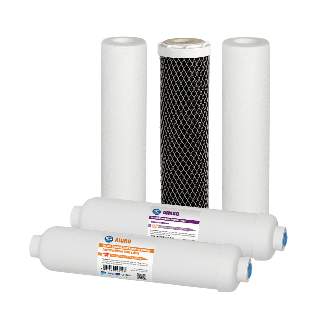 Set 5 cartușe filtrare Aquafilter, pentru osmoză inversă, prefiltrare, postfiltrare și mineralizare cu filet, standard 10