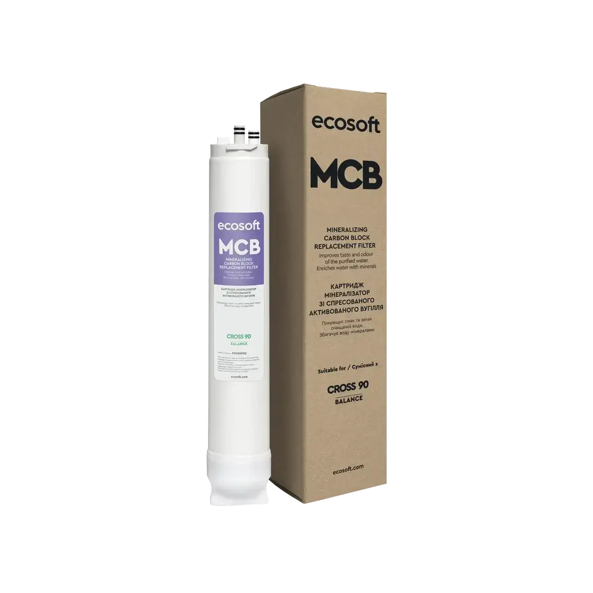 Postfiltru cu carbune activat bloc si remineralizare Ecosoft MCB, tip twist, compatibil cu sistemul de osmoza inversa Ecosoft Cross90, cod PDCBDFRO
