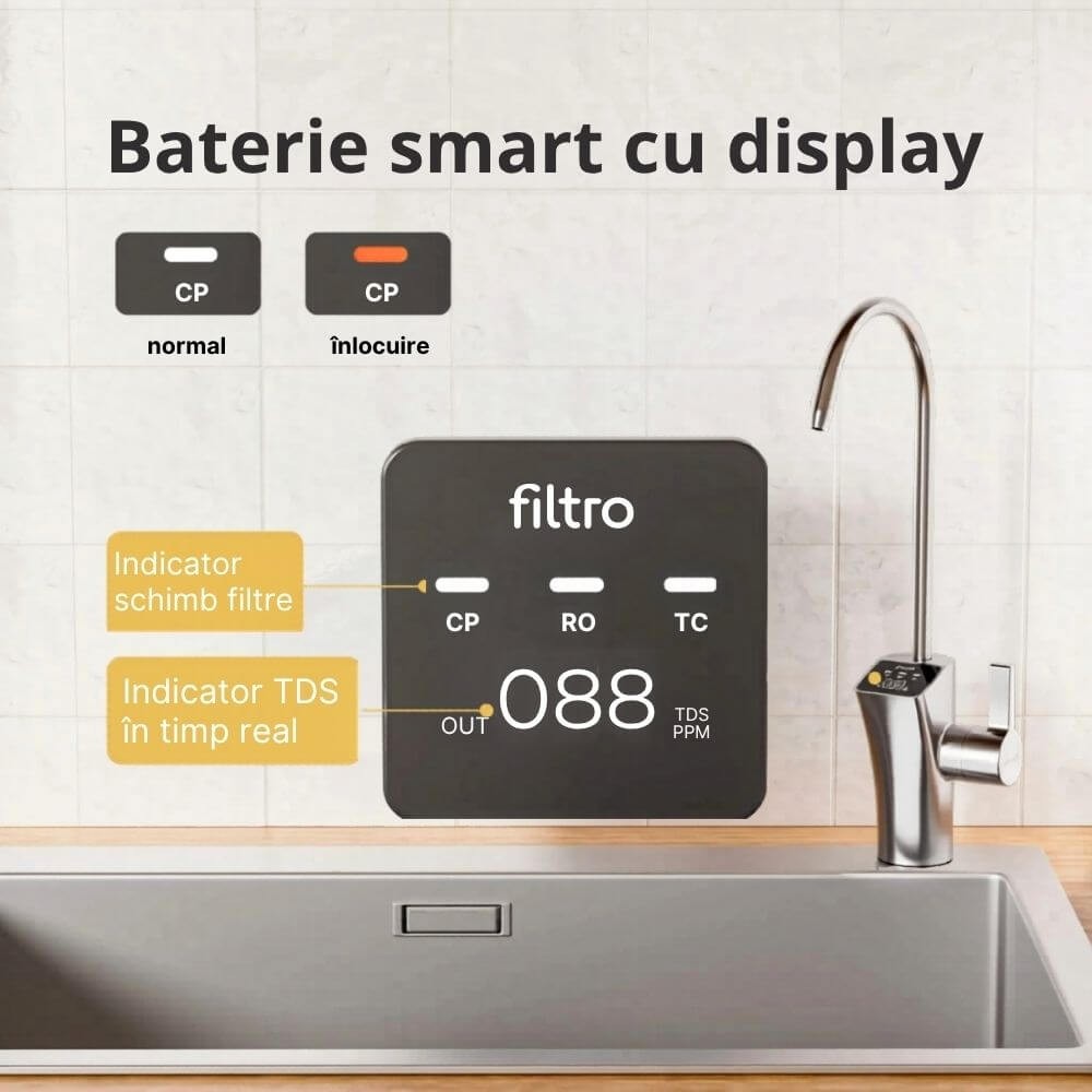Sistem de osmoza inversa cu debit direct FILTRO INFINITY Alk+ DF800, 6 stadii de filtrare, remineralizare prin cartus ALK3, pompa booster inclusa, afisaj TDS integrat, fara rezervor de stocare