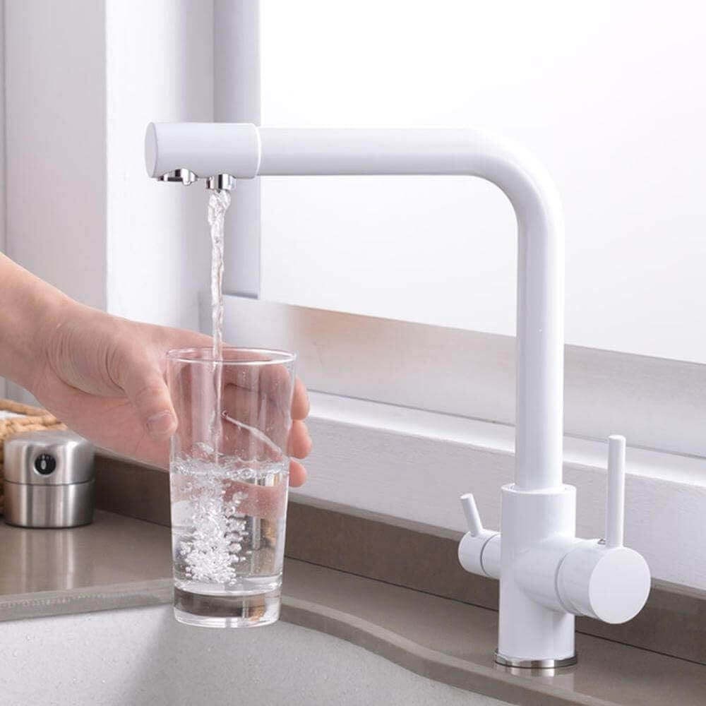 Baterie de bucatarie cu 3 cai Premier Tall White, finisaj alb, flux separat pentru apa filtrata si apa menajera rece si calda
