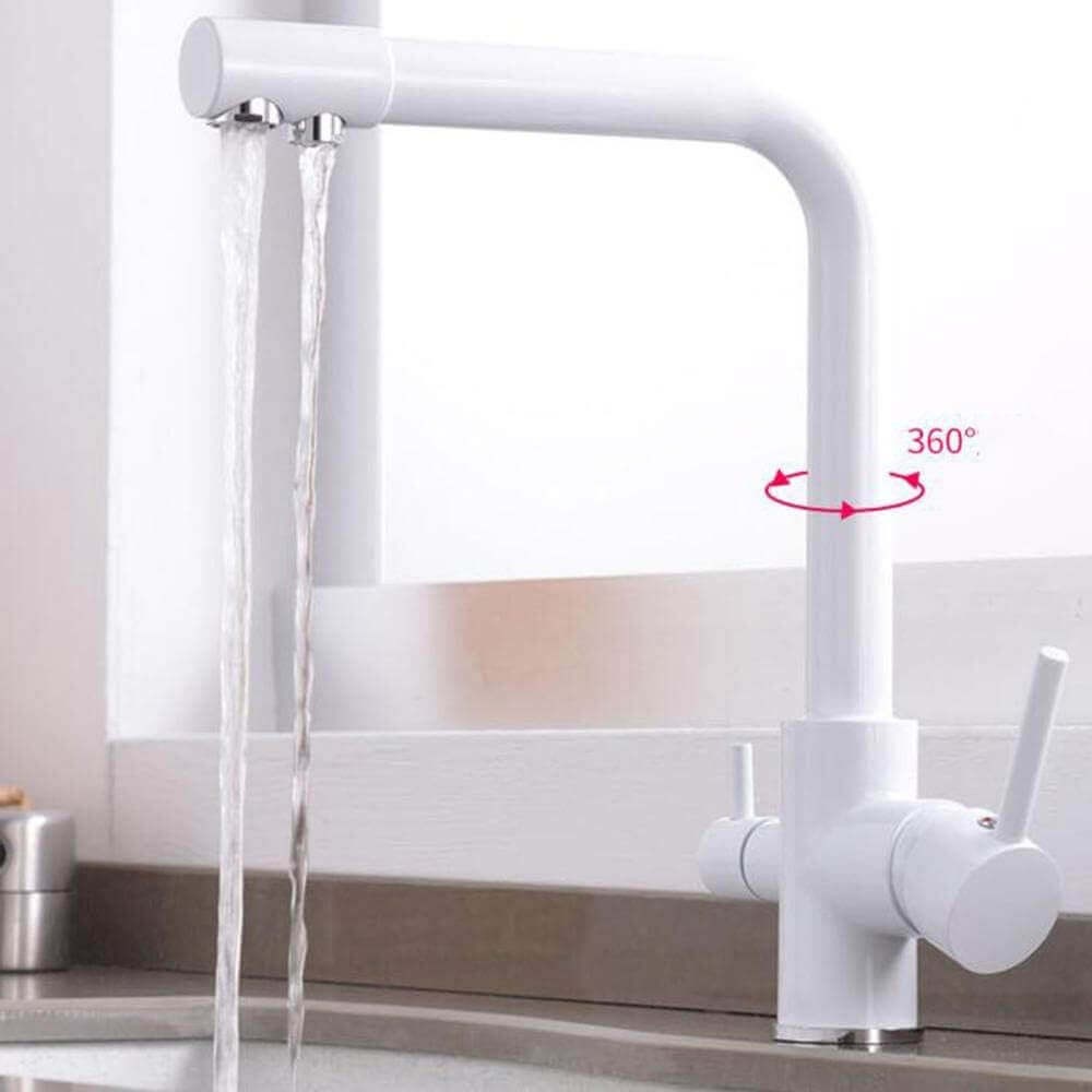 Baterie de bucatarie cu 3 cai Premier Tall White, finisaj alb, flux separat pentru apa filtrata si apa menajera rece si calda
