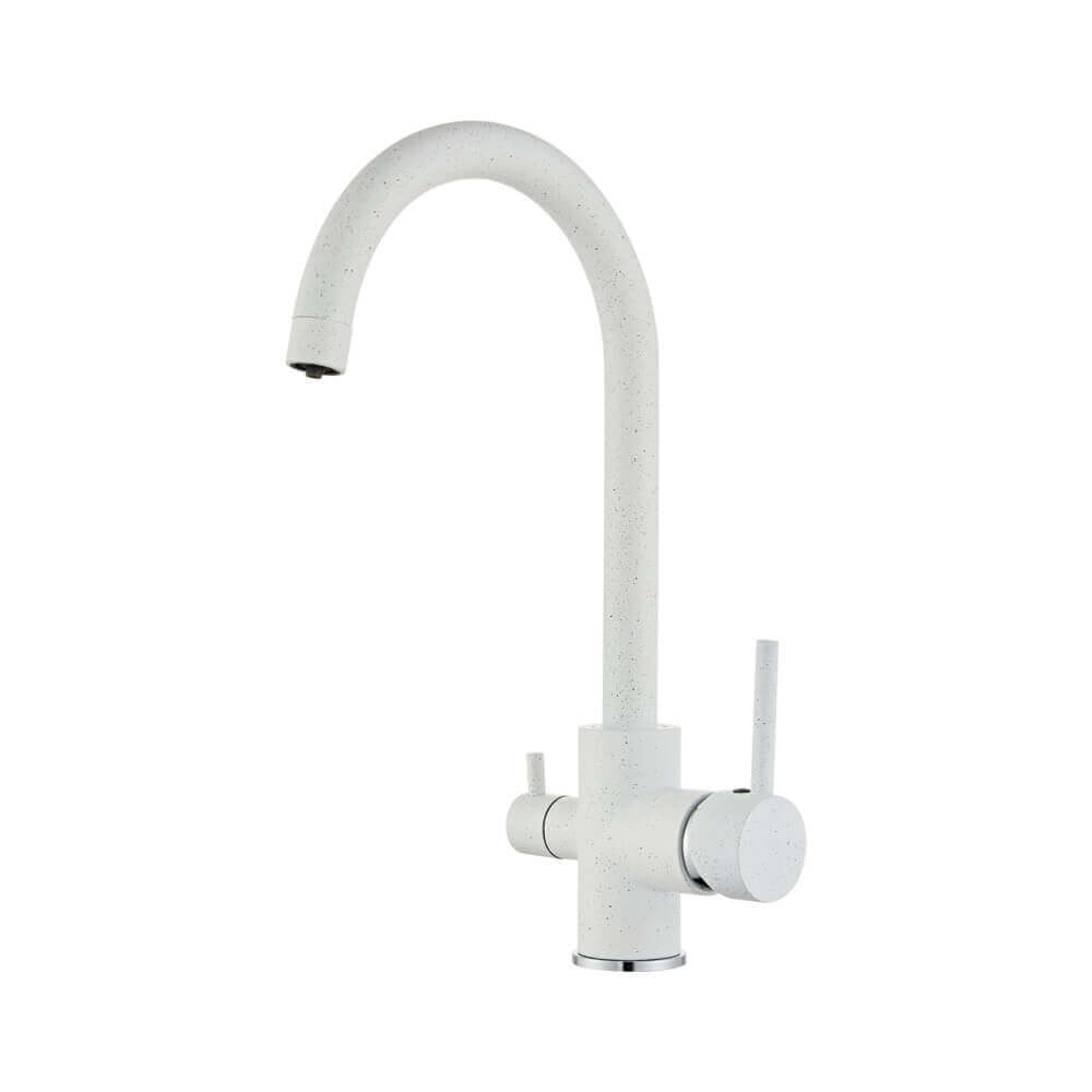 Baterie bucatarie cu 3 cai flux separat Premier Clasic White, apa rece calda si filtrata, finisaj alb granit, montaj pe chiuveta