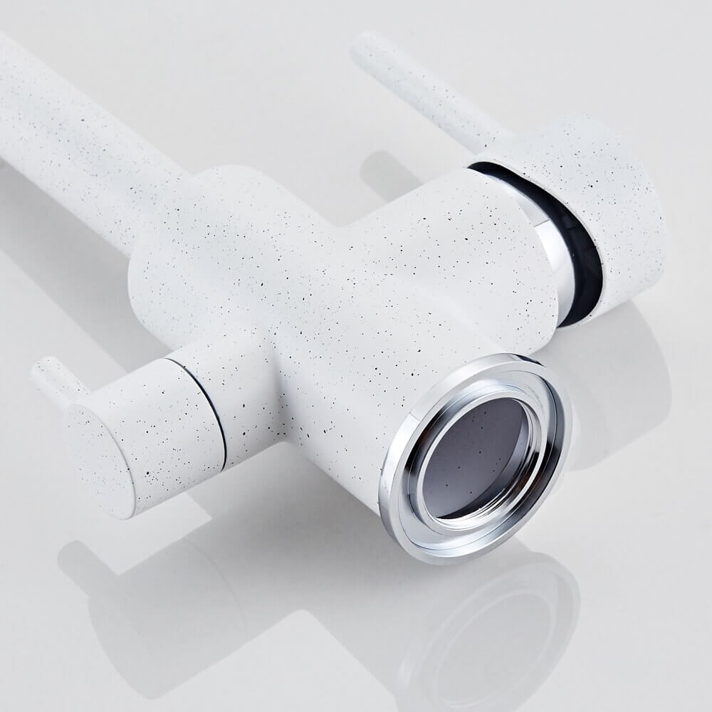 Baterie bucatarie cu 3 cai flux separat Premier Clasic White, apa rece calda si filtrata, finisaj alb granit, montaj pe chiuveta