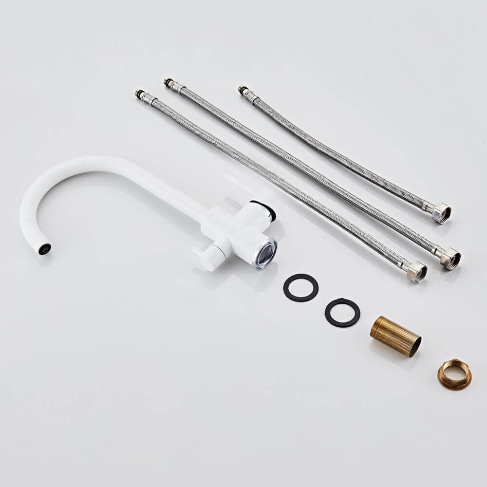 Baterie bucatarie cu 3 cai flux separat Premier Clasic White, apa rece calda si filtrata, finisaj alb granit, montaj pe chiuveta