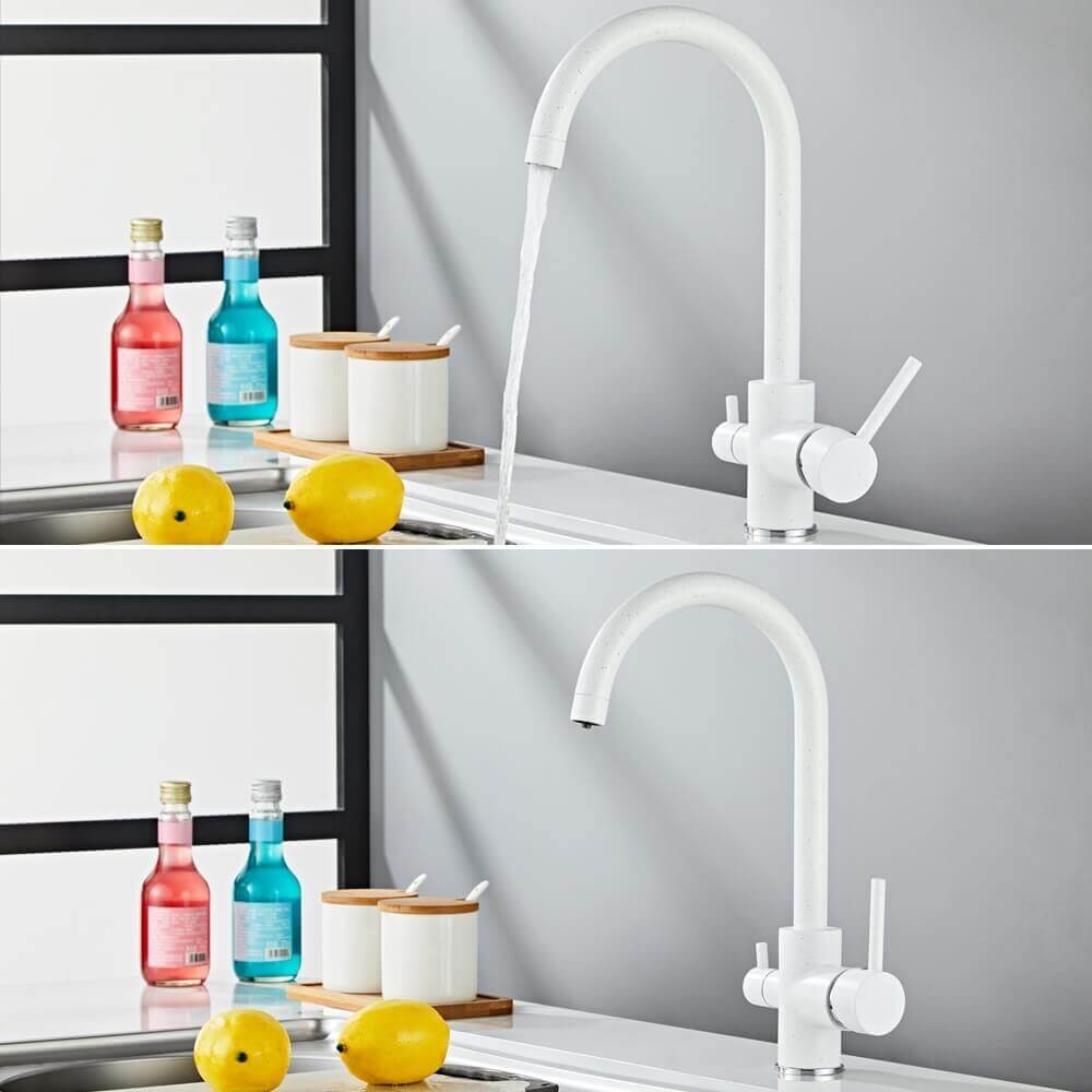 Baterie bucatarie cu 3 cai flux separat Premier Clasic White, apa rece calda si filtrata, finisaj alb granit, montaj pe chiuveta