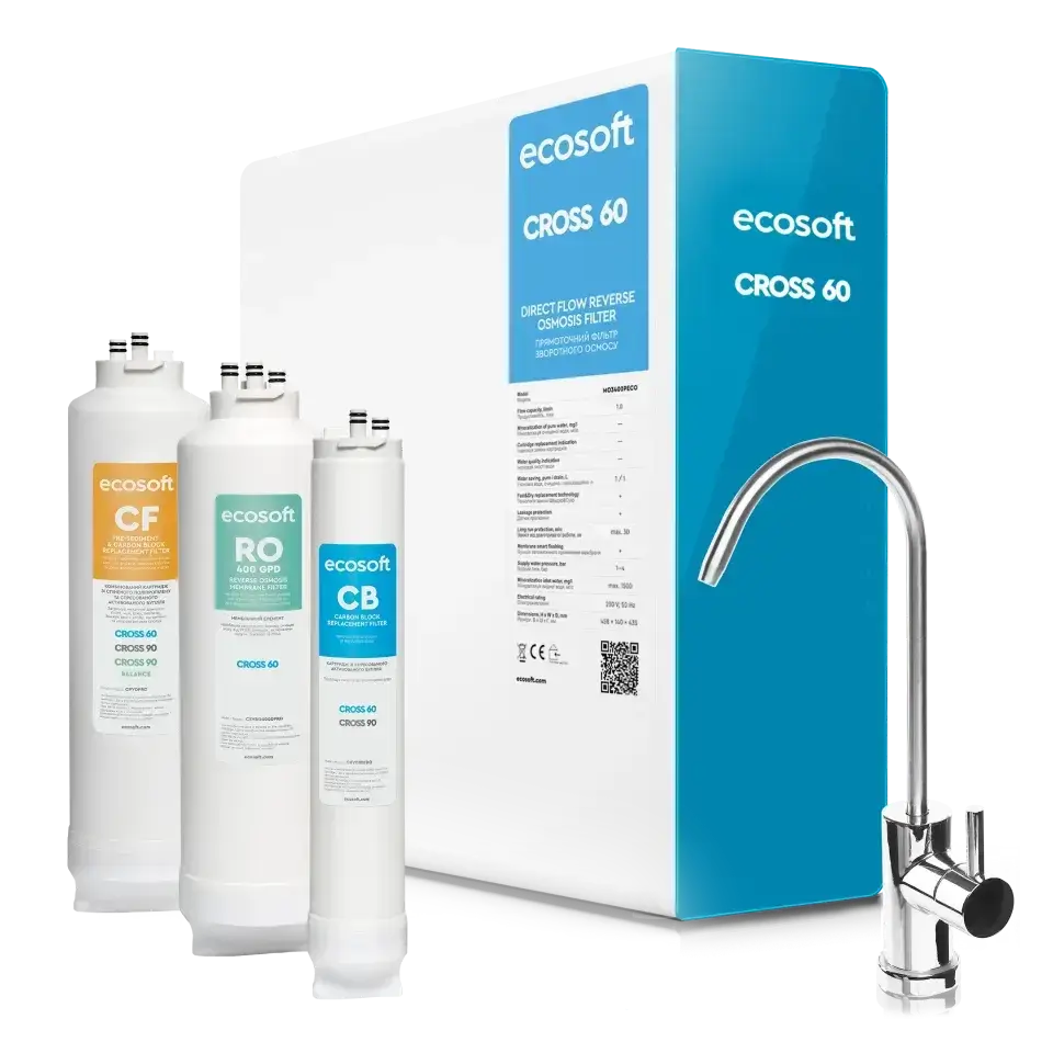 Sistem de filtrare cu osmoză inversă debit direct Ecosoft Cross60, membrană 400 GPD, filtrare 4 stadii, baterie cu indicator schimb consumabile, pompă booster inclusă, fără bazin