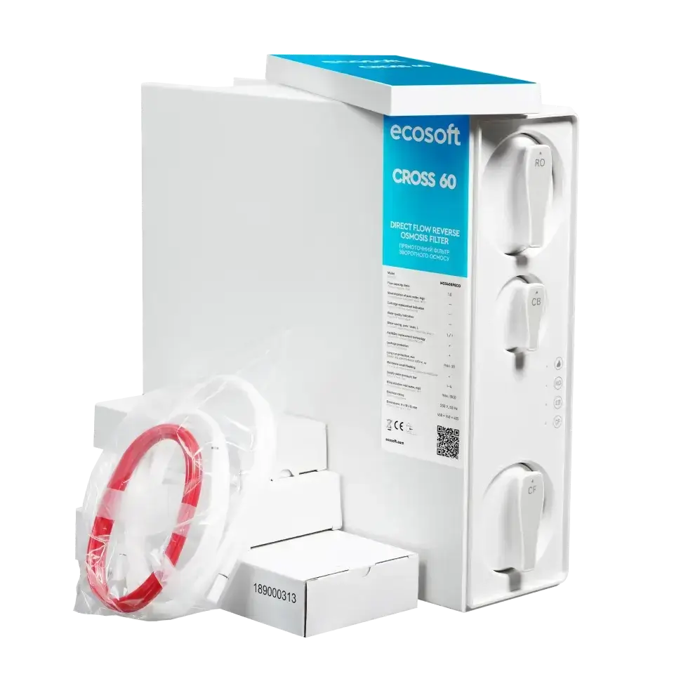Sistem de filtrare cu osmoză inversă debit direct Ecosoft Cross60, membrană 400 GPD, filtrare 4 stadii, baterie cu indicator schimb consumabile, pompă booster inclusă, fără bazin