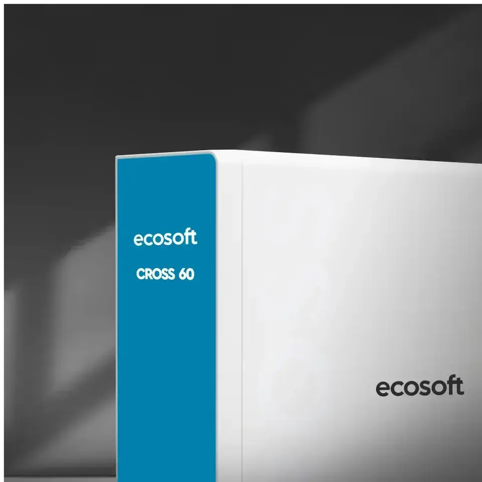 Sistem de filtrare cu osmoză inversă debit direct Ecosoft Cross60, membrană 400 GPD, filtrare 4 stadii, baterie cu indicator schimb consumabile, pompă booster inclusă, fără bazin